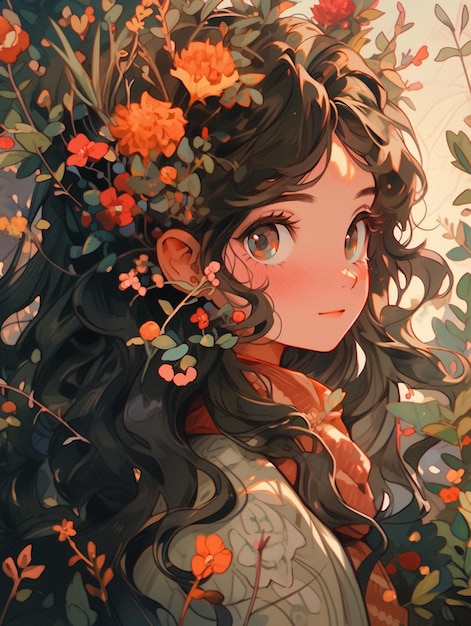 garota de anime com flores no cabelo e lenço generativo ai