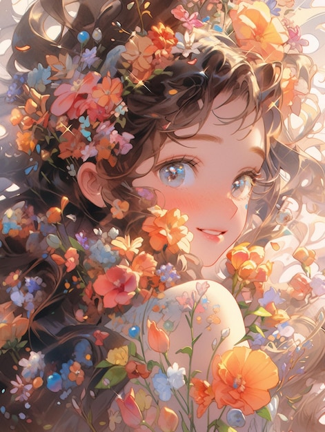 garota de anime com flores no cabelo e uma coroa de flores generativa ai