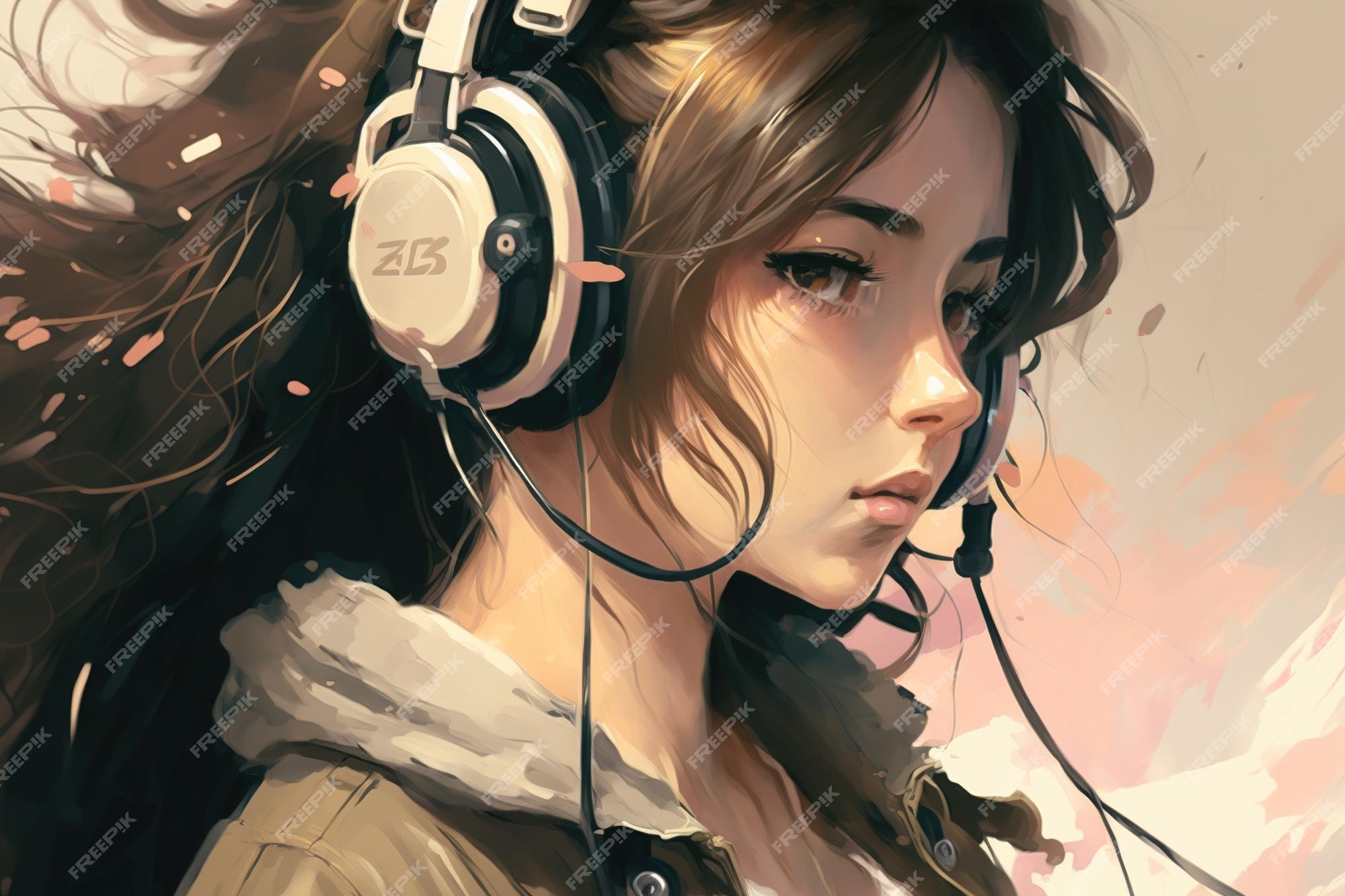 Menina de anime com fones de ouvido ouve música retrato de