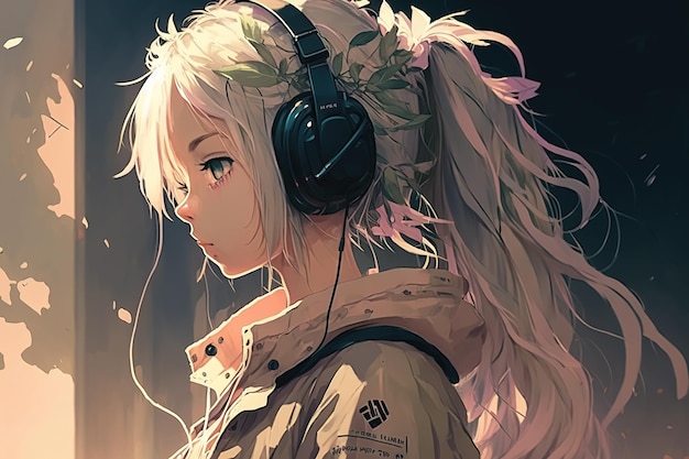 Garota de anime com fones de ouvido ouve música retrato de ilustração adolescente AI generativa