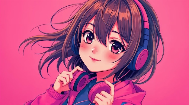 Garota de anime com fones de ouvido sorrindo em fundo rosa