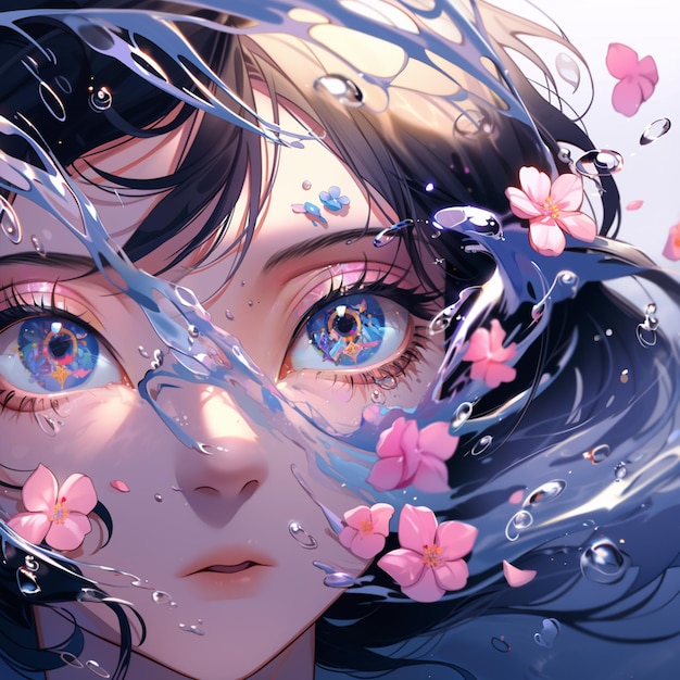 garota de anime com olhos azuis e flores cor-de-rosa no cabelo