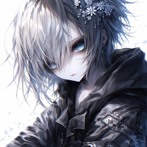 garota de anime com olhos azuis e um casaco preto com uma flor no cabelo