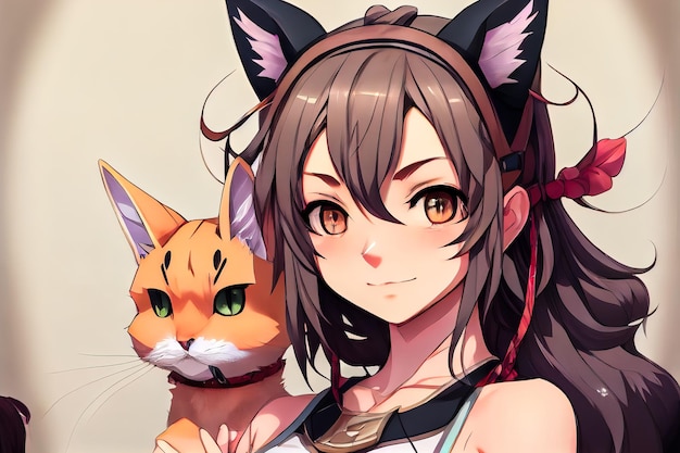 Garota feliz anime neko com orelhas de gato fofas.