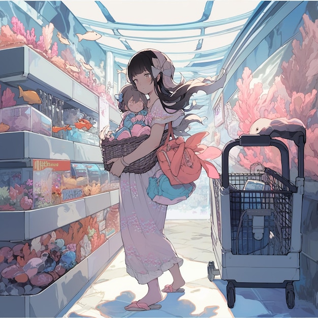 Foto garota de anime com um bebê em um carrinho de compras em uma loja generativa ai