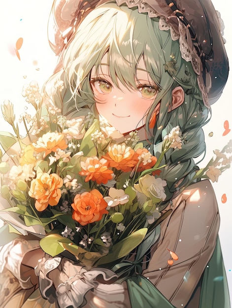 garota de anime com um buquê de flores e um lenço