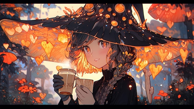 garota de anime com um chapéu de bruxa segurando uma xícara de café