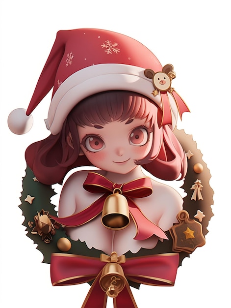 garota de anime com um chapéu de Papai Noel com uma coroa de flores e sinos