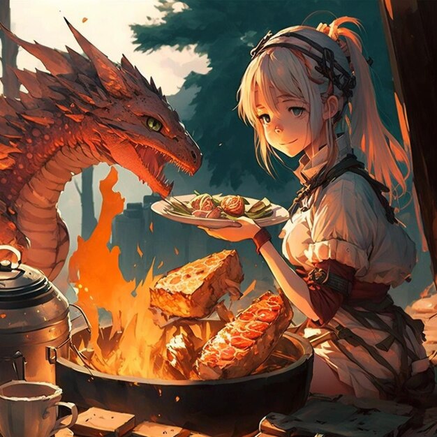 garota de anime com um dragão no ombro segurando um prato de comida generativa ai