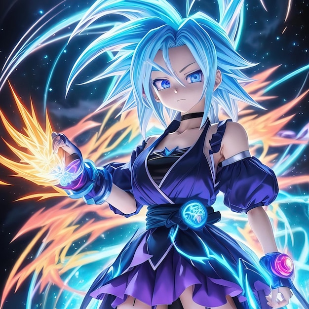 Garota de anime com um vestido azul e cabelo roxo