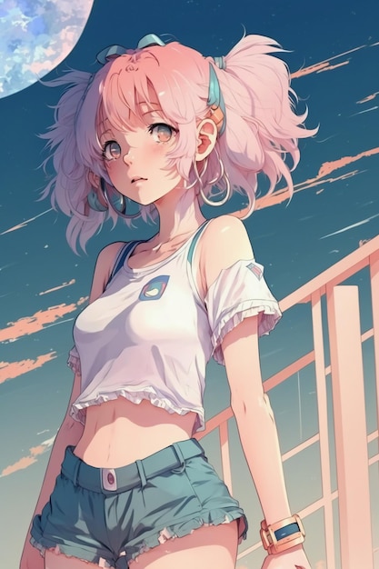 Garota de anime com uma camisa branca e cabelo rosa