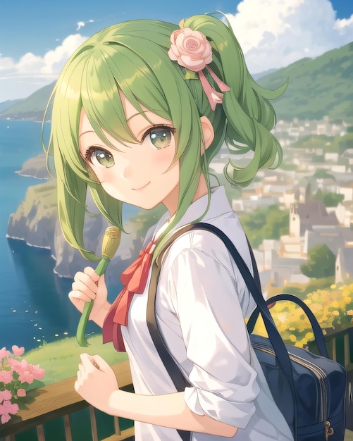Garota de anime com uma flor no cabelo