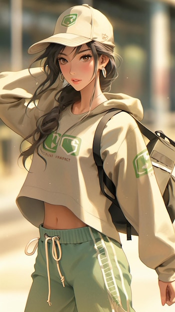 Garota de anime com uma mochila e um chapéu andando pela rua generativa ai