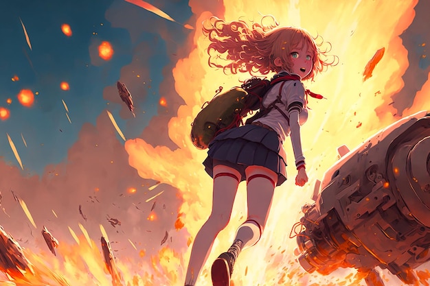 Garota de anime correndo na frente de um canhão em chamas