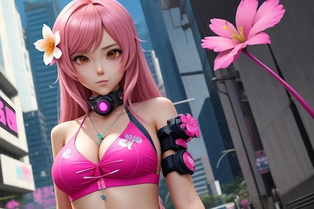 Garota de anime cyberpunk em um biquíni rosa