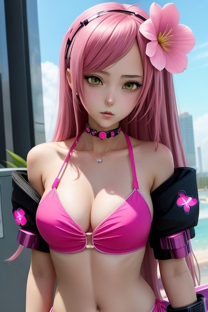 Garota de anime cyberpunk em um biquíni rosa