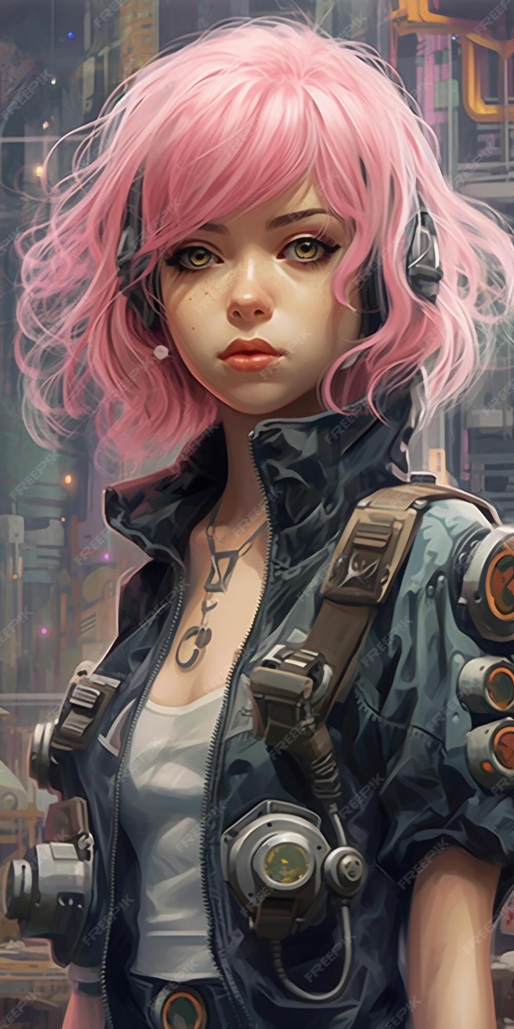 Garota de anime cyberpunk em rosa