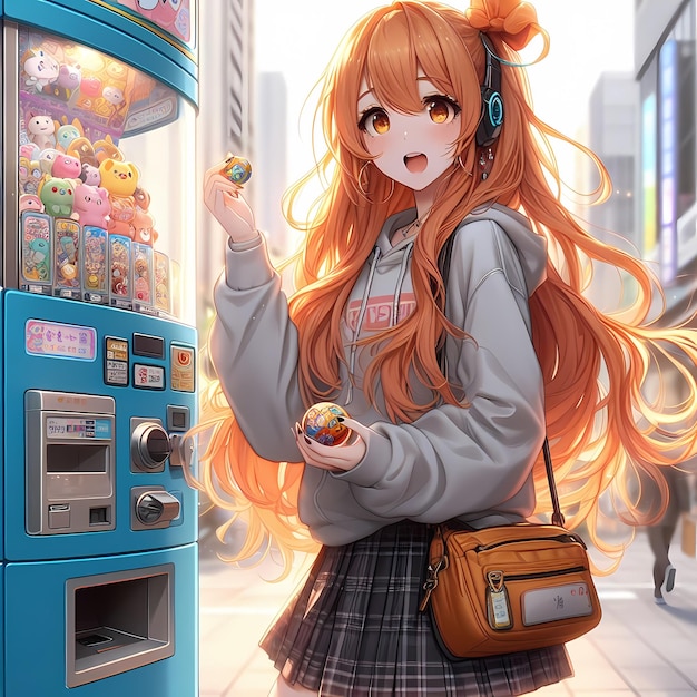 Garota de anime desfrutando de brinquedos de cápsula de máquina de venda automática