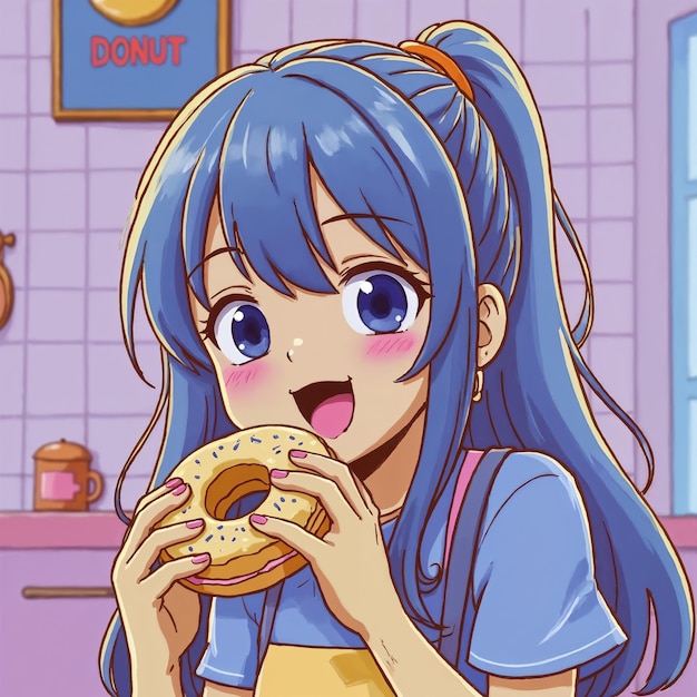 Garota de anime desfrutando de um donut