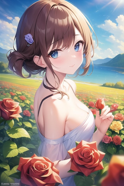 Garota de anime em um campo de flores