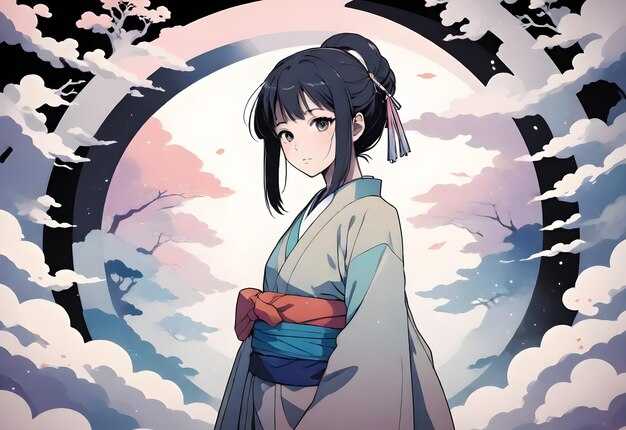 garota de anime em um kimono com um fundo rosa com um céu rosa no fundo