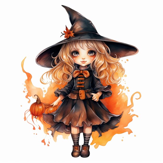 garota de anime em um traje de bruxa segurando uma abóbora generativa ai