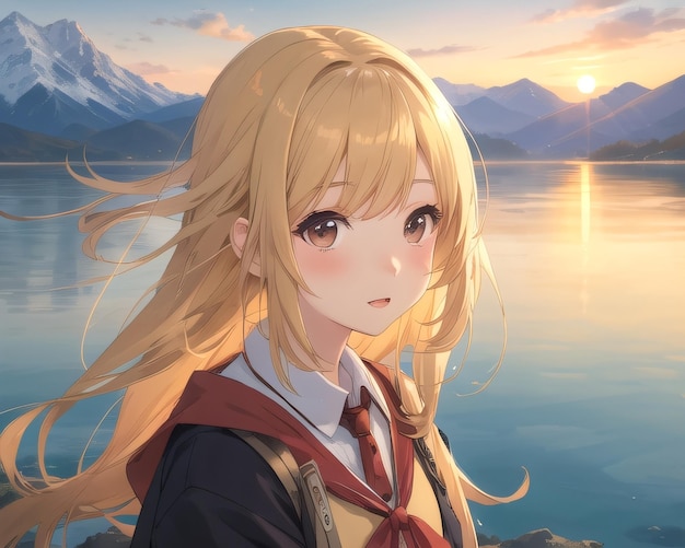 Garota de anime em um uniforme escolar com montanhas ao fundo