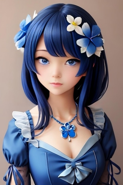 Garota de anime em um vestido azul com uma flor