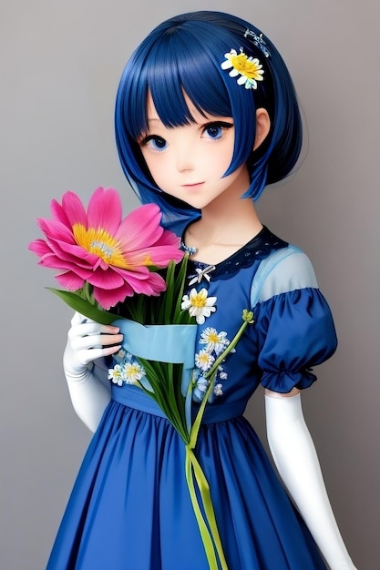 Garota de anime em um vestido azul com uma flor