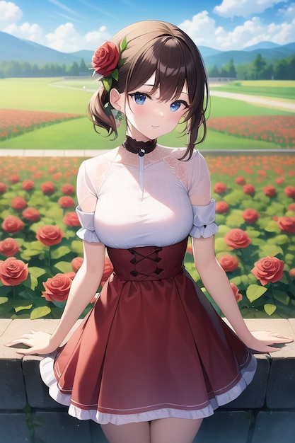 Garota de anime em um vestido vermelho