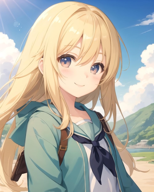 Garota de anime em uma camisa verde com um céu azul e nuvens