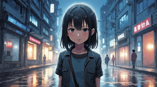 garota de anime em uma cidade chuvosa