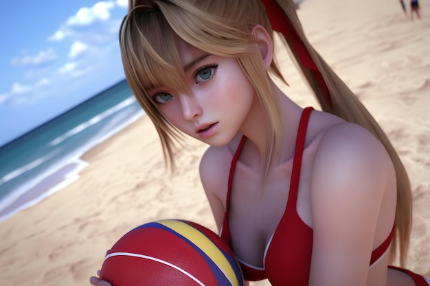 Foto garota de anime em uma praia com um lindo biquíni vermelho e uma bola