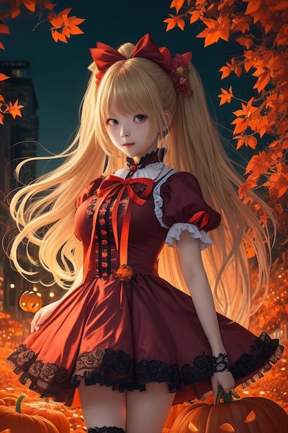 Garota de anime loira mágica caprichosa de Halloween em vestido vermelho e fita fofa