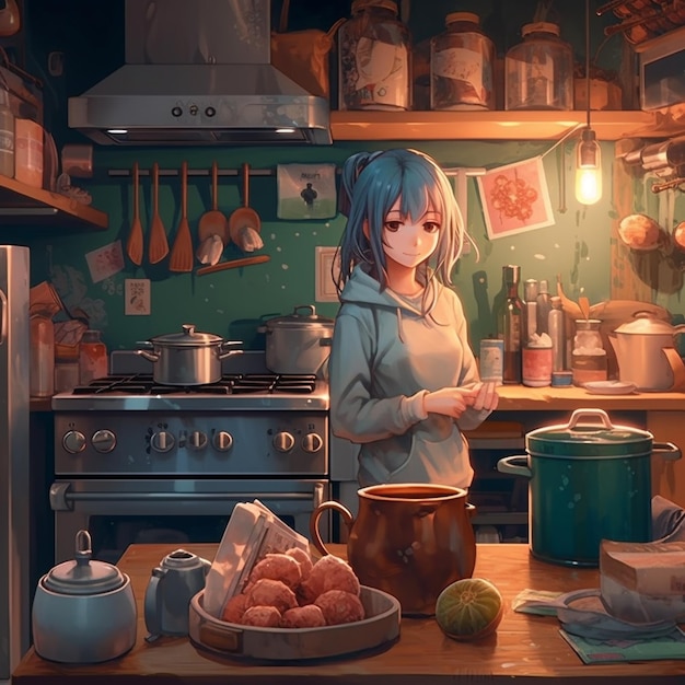 garota de anime na cozinha com comida e utensílios de cozinha