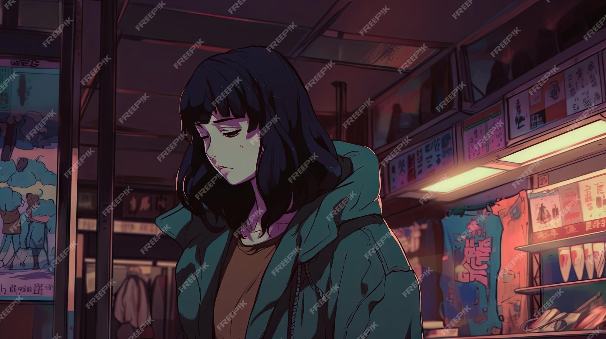Garota de anime no meio da noite olhando para longe com uma expressão triste  a paisagem de chuva lofi