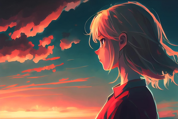 Garota de anime olha para longe em um pôr do sol rosa Generative AI