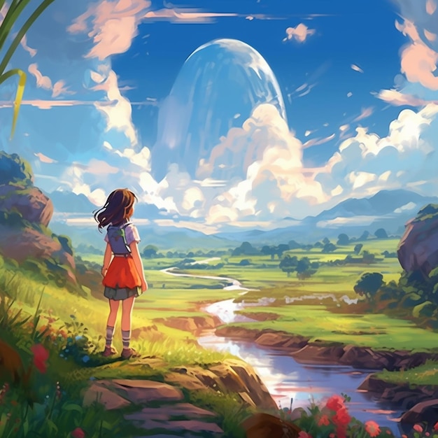 garota de anime olhando para uma paisagem distante com um rio generativo ai