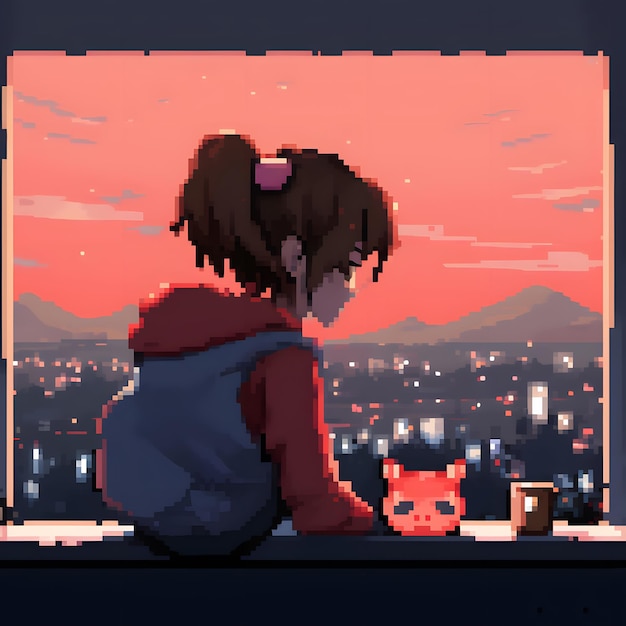 garota de anime ouvindo batidas lofi acompanhadas por seu gato estilo pixel art