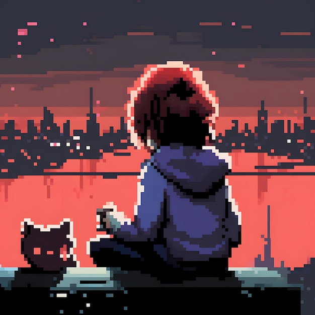 garota de anime ouvindo batidas lofi acompanhadas por seu gato estilo pixel art