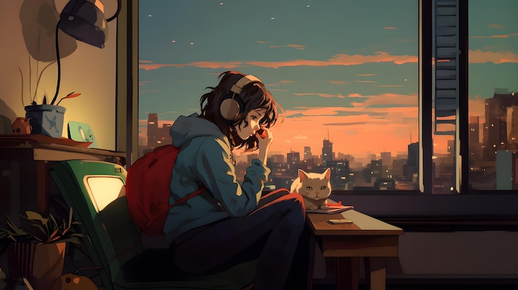Foto garota de anime ouvindo música