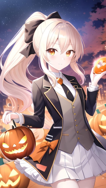 Garota de anime segurando uma abóbora no Halloween