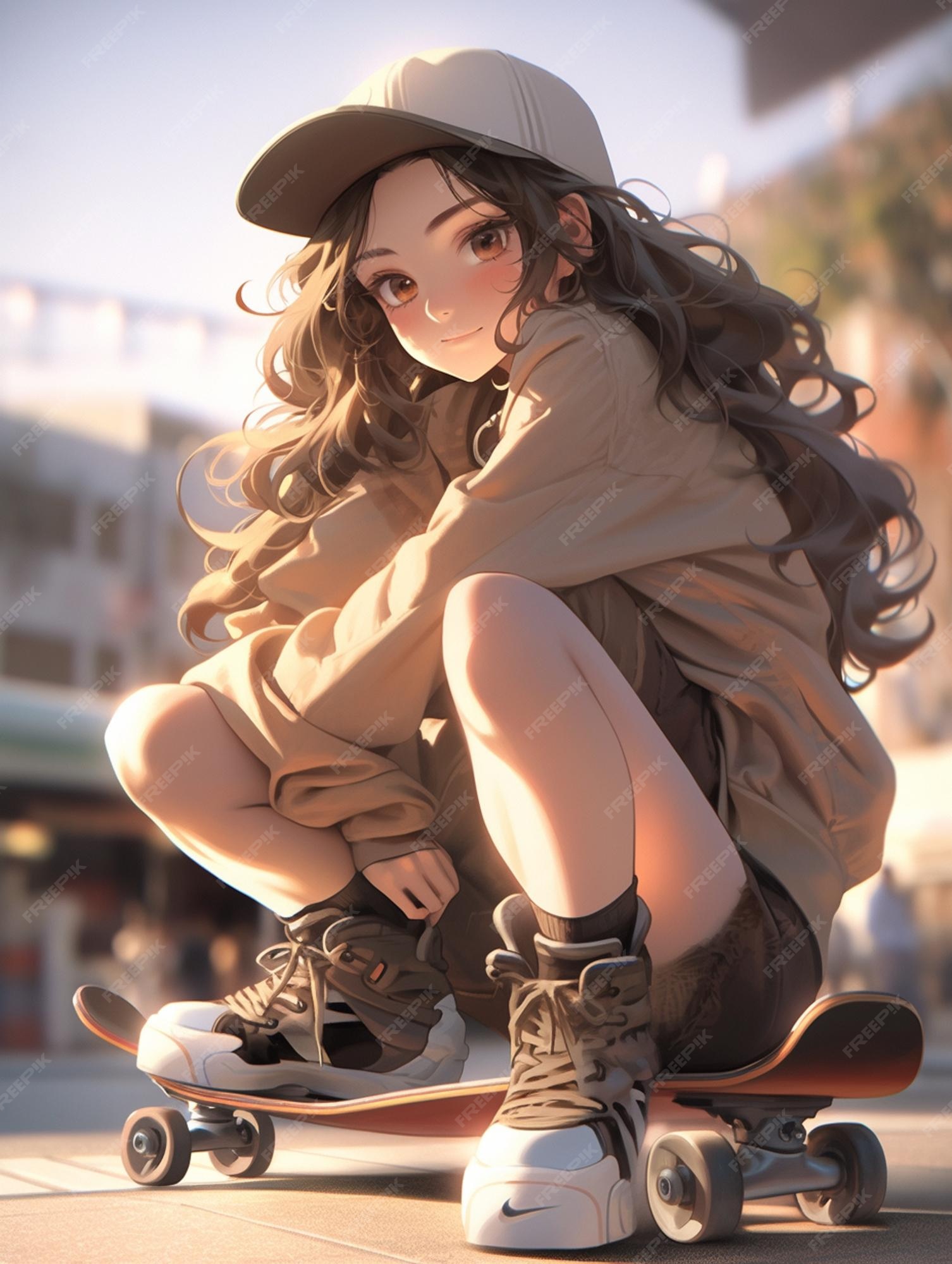 Garota de anime sentada em um skate com um capacete em generative ai