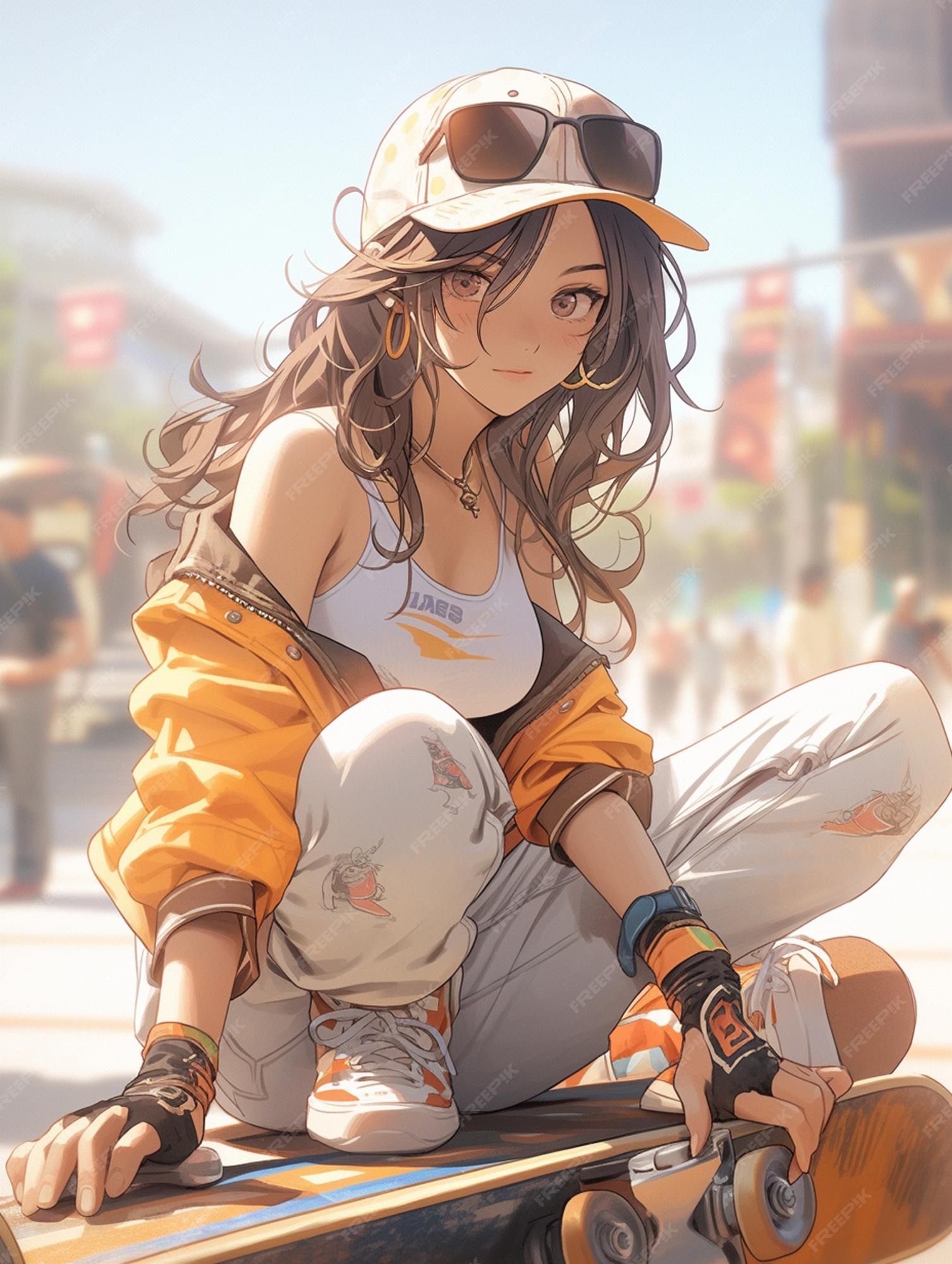 Garota de anime sentada em um skate com um capacete em generative