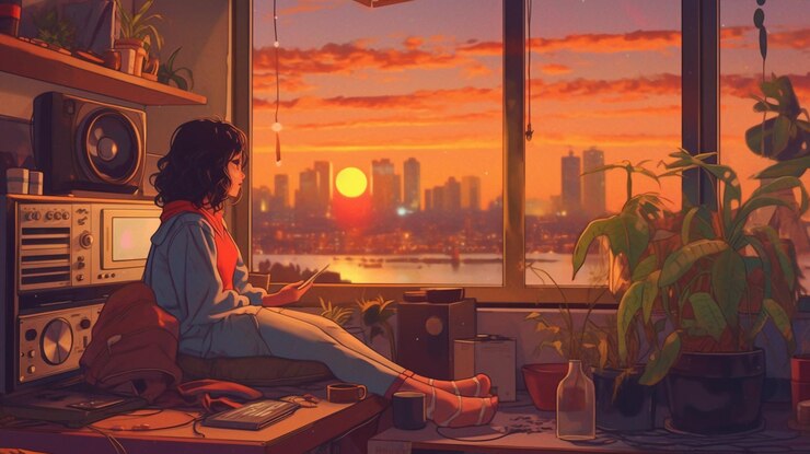 Foto garota de anime sentada em um sofá em frente a uma janela com vista para uma cidade generativa ai