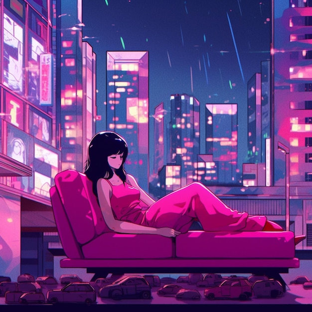 Foto garota de anime sentada em um sofá rosa em uma cidade à noite generativa ai