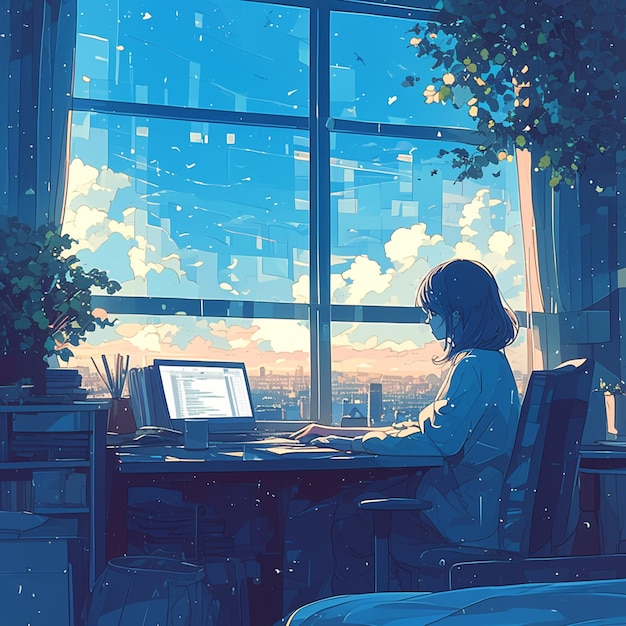 garota de anime sentada em uma mesa com um laptop na frente de uma janela generativa ai