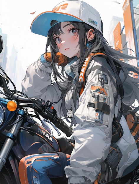 Garota de anime sentada em uma motocicleta com um capacete em generative ai