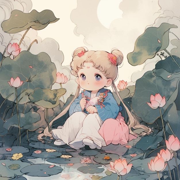 Garota de anime sentada em uma pedra em uma lagoa de água generativa ai