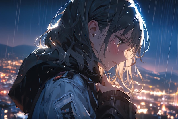 garota de anime triste e solitária chorando na chuva contra o pano de fundo da cidade noturna vista de perfil